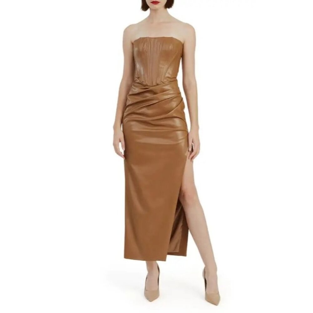 Bardot Everlasting Faux Leather Dress in Camel 2 New Womens Vegan Strapless Midi - Picture 16 of 16